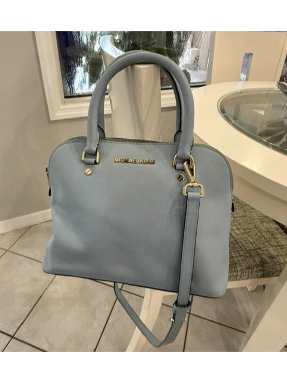 Michael Kors Light Blue Saffiano Leather Cindy Dome Satchel Crossbody Bag Gold M